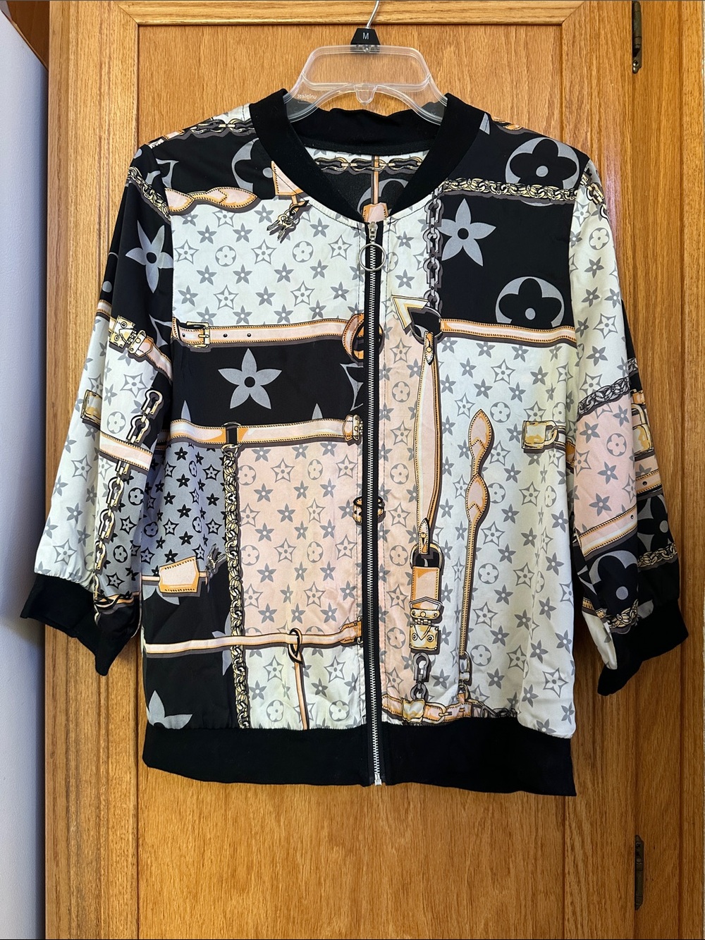 Designer Inspired Patchwork Chain-Print Bomber Jacket in Black Cream & Blush SzM